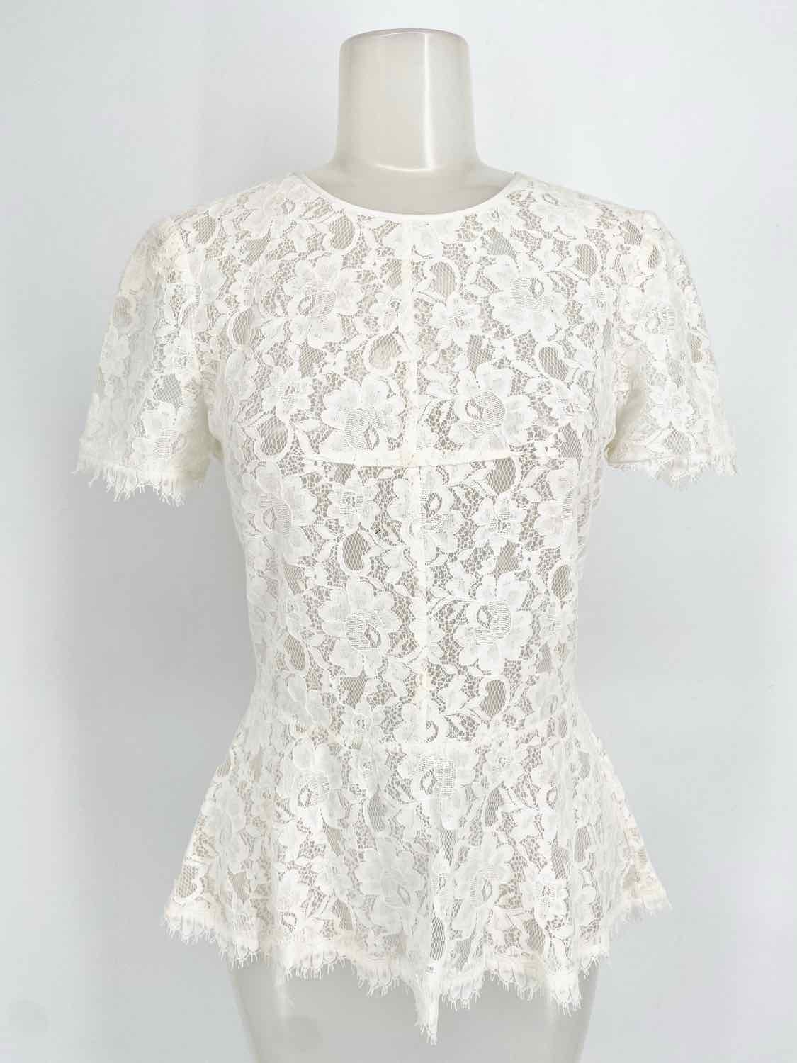 BCBG Max Azria Women s White Sheer Lace Size M Short Sleeve Top Article Consignment