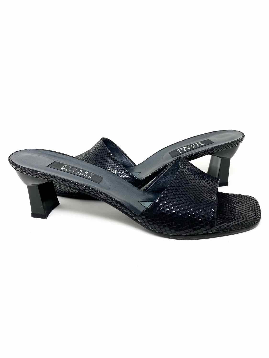 Stuart Weitzman Women's Black Kitten Heel Snake Embossed Size 12 Mules - Article Consignment