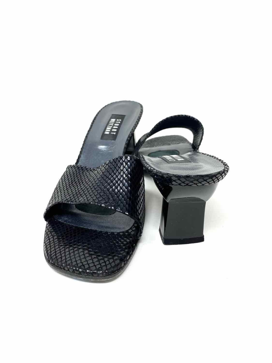 Stuart Weitzman Women's Black Kitten Heel Snake Embossed Size 12 Mules - Article Consignment