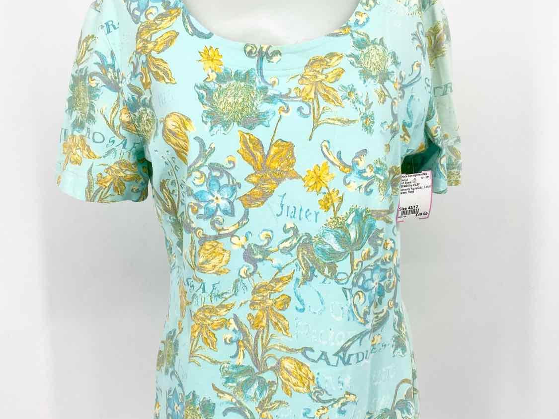 ESCADA by M LEY Women's Aqua/Gold T-shirt Jersey Floral Short Sleeve Top - Article Consignment