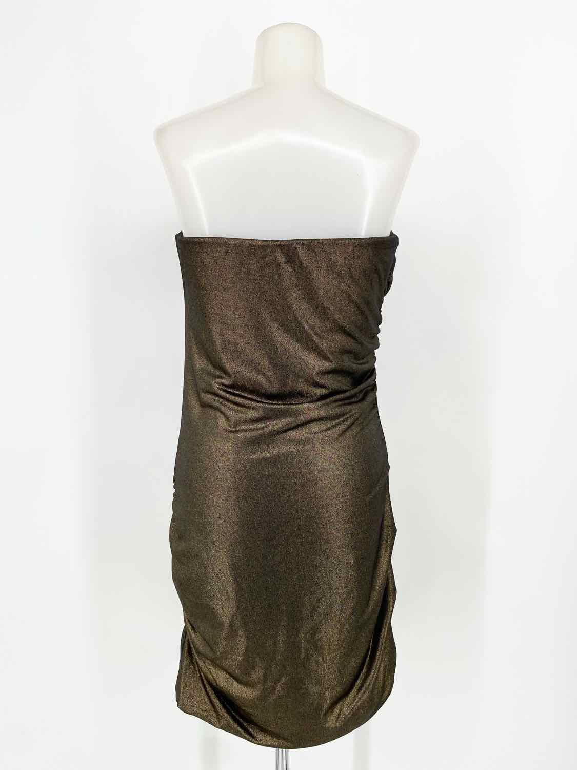 G by Guess Women's Bronze Strapless Metallic Ruched Holiday Size L Dress - Article Consignment