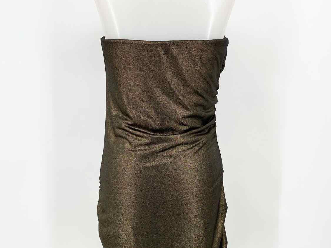 G by Guess Women's Bronze Strapless Metallic Ruched Holiday Size L Dress - Article Consignment