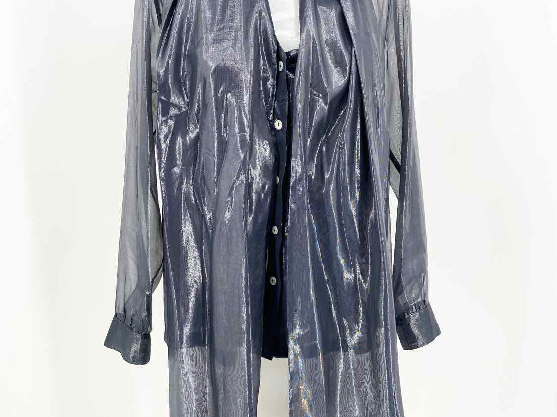 RAOUL Women's Navy Blouse Silk Blend Sheer Metallic Size 0 Long Sleeve - Article Consignment