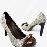 Tory Burch Women's Gray/Brown Cap Toe Leather Snakeskin Croc Size 9 Pumps - Article Consignment
