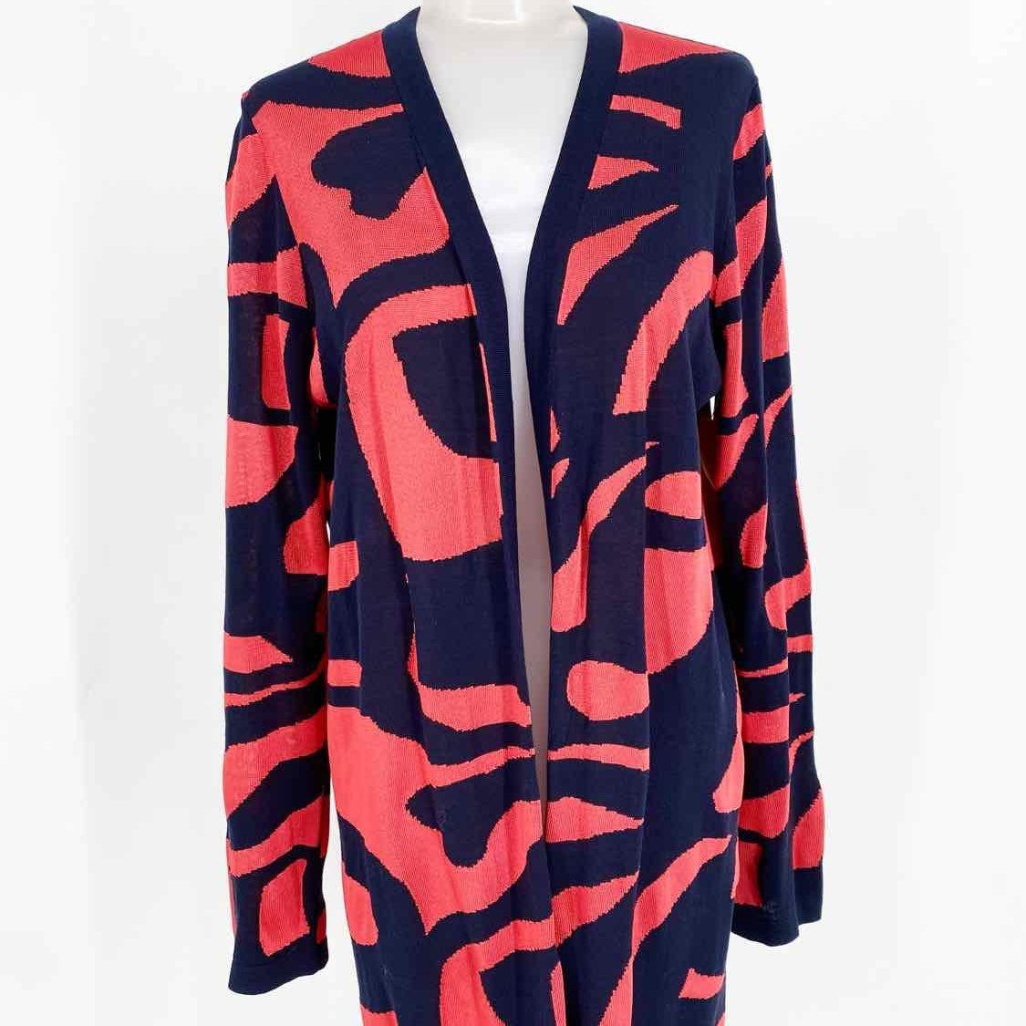 Worth Women's Navy/Coral Open Front Rayon Blend Knit Abstract Size M Cardigan - Article Consignment
