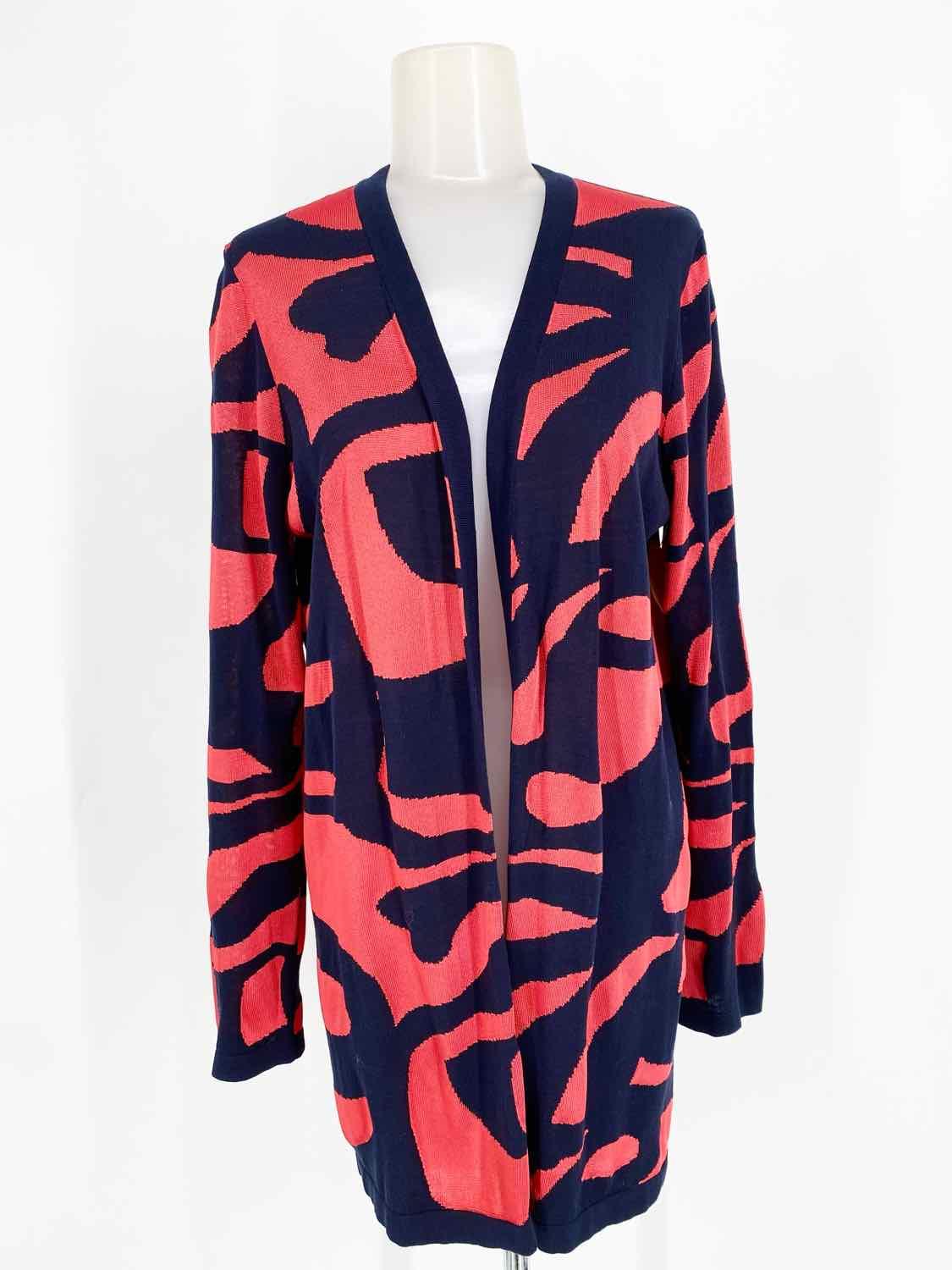 Worth Women's Navy/Coral Open Front Rayon Blend Knit Abstract Size M Cardigan - Article Consignment