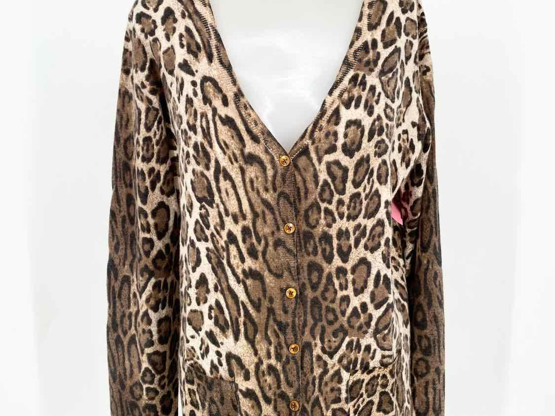 GEORGES RECH Women's Brown/Black Button Up Cashmere Knit Animal Print Cardigan - Article Consignment