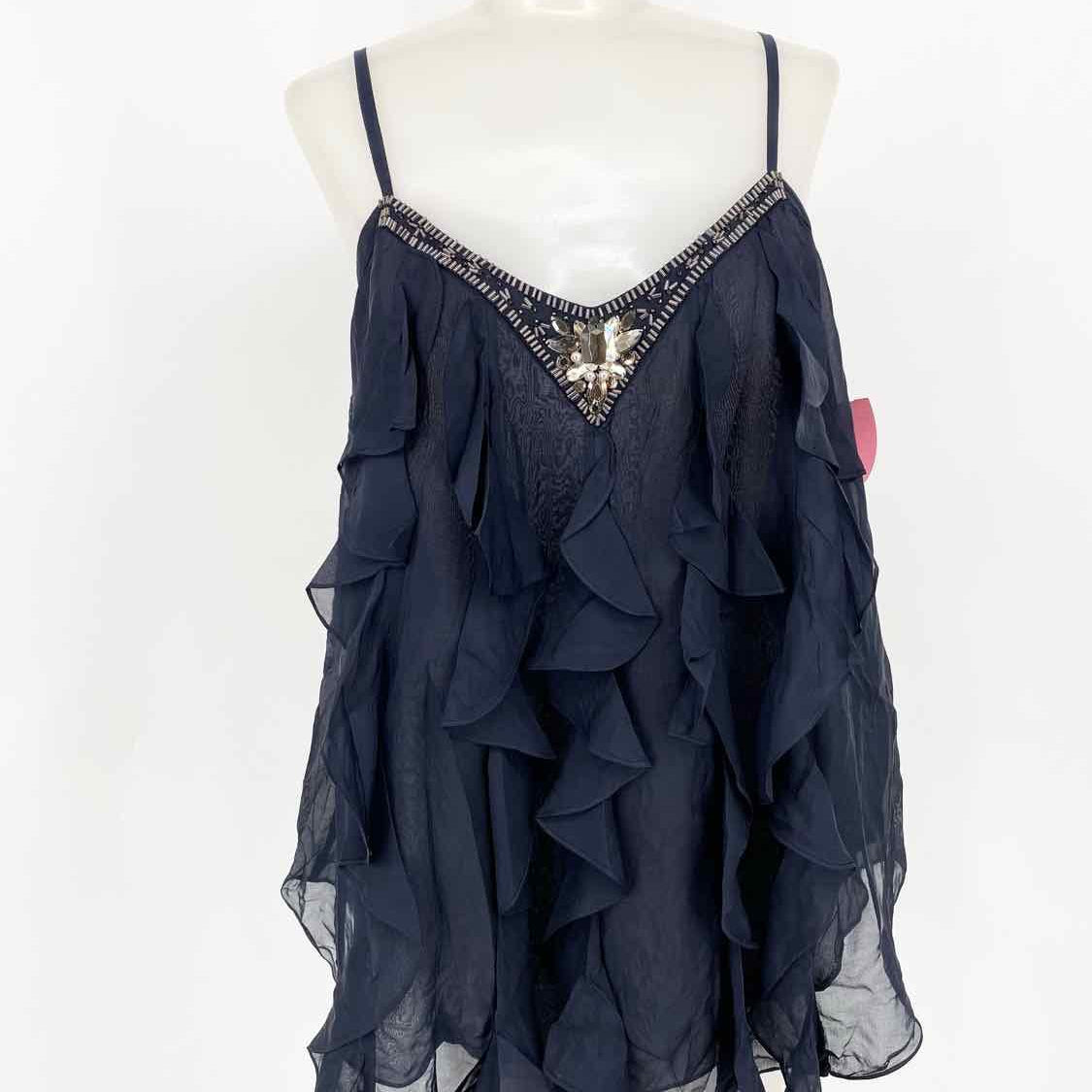 Rebecca Taylor Women's Navy Tank Silk Embellished Date Night Size 6 Sleeveless - Article Consignment