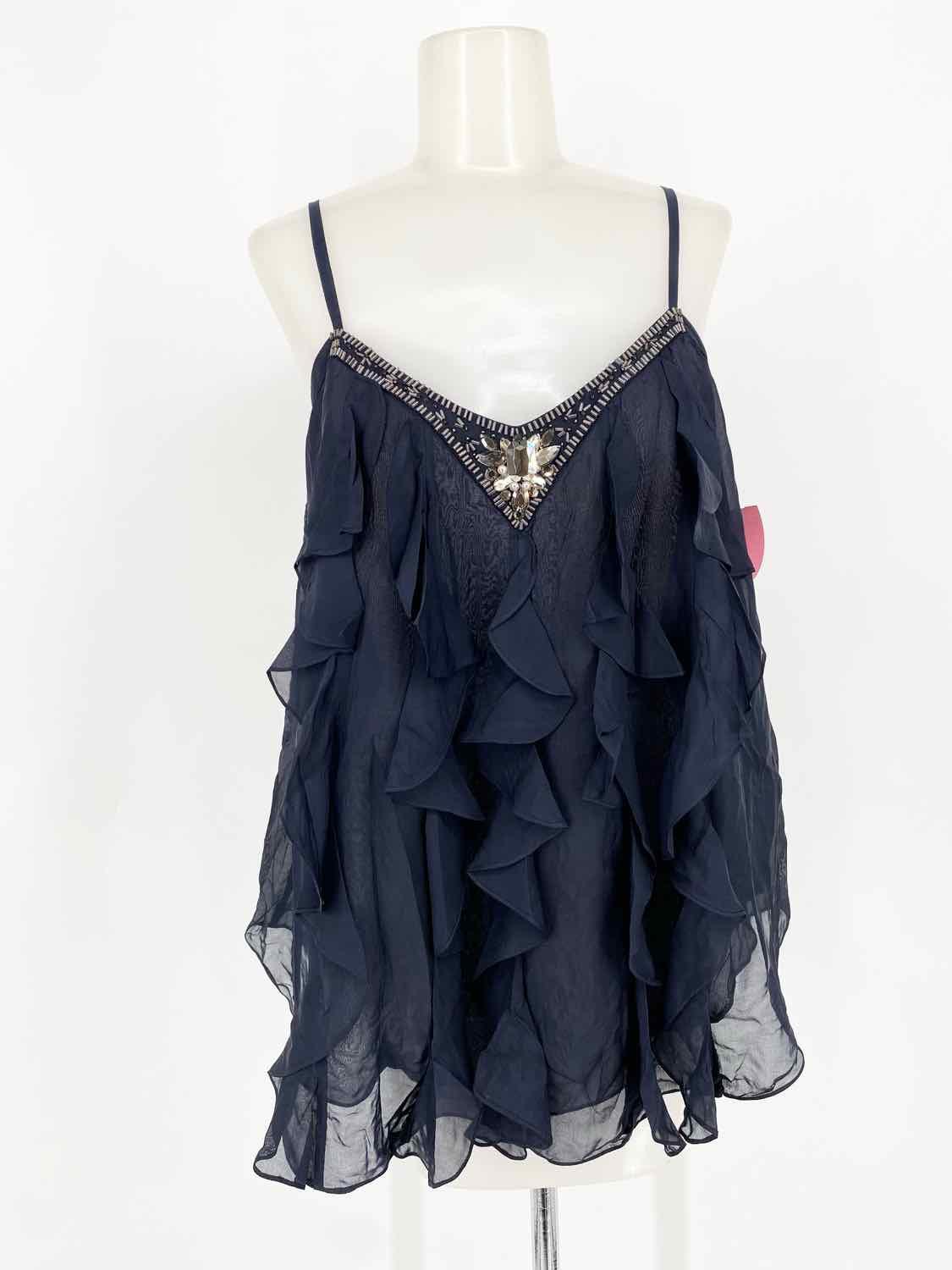 Rebecca Taylor Women's Navy Tank Silk Embellished Date Night Size 6 Sleeveless - Article Consignment
