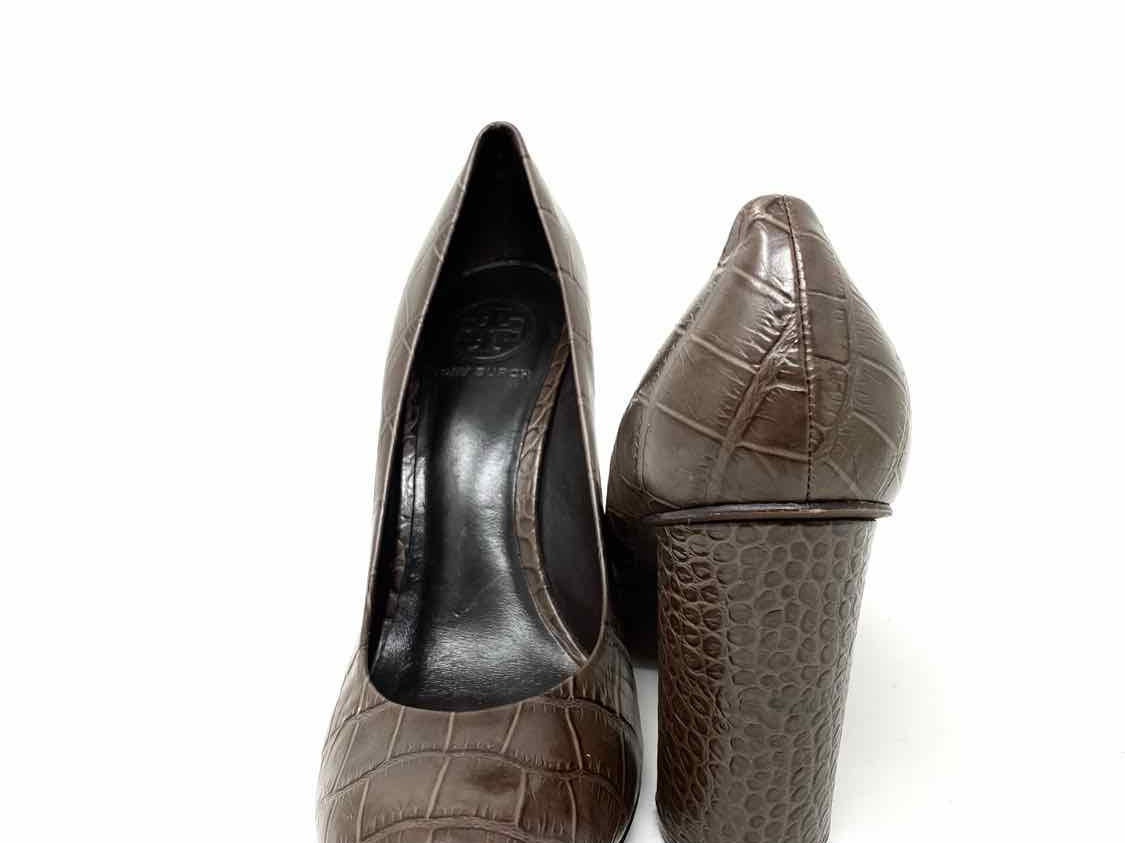 Tory Burch Women's Brown Heeled Leather Croc Embossed Size 9 Pumps - Article Consignment