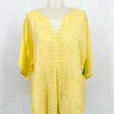 johnny was Women's Yellow Blouse Cupra Rayon Embroidered Resort Short Sleeve Top - Article Consignment