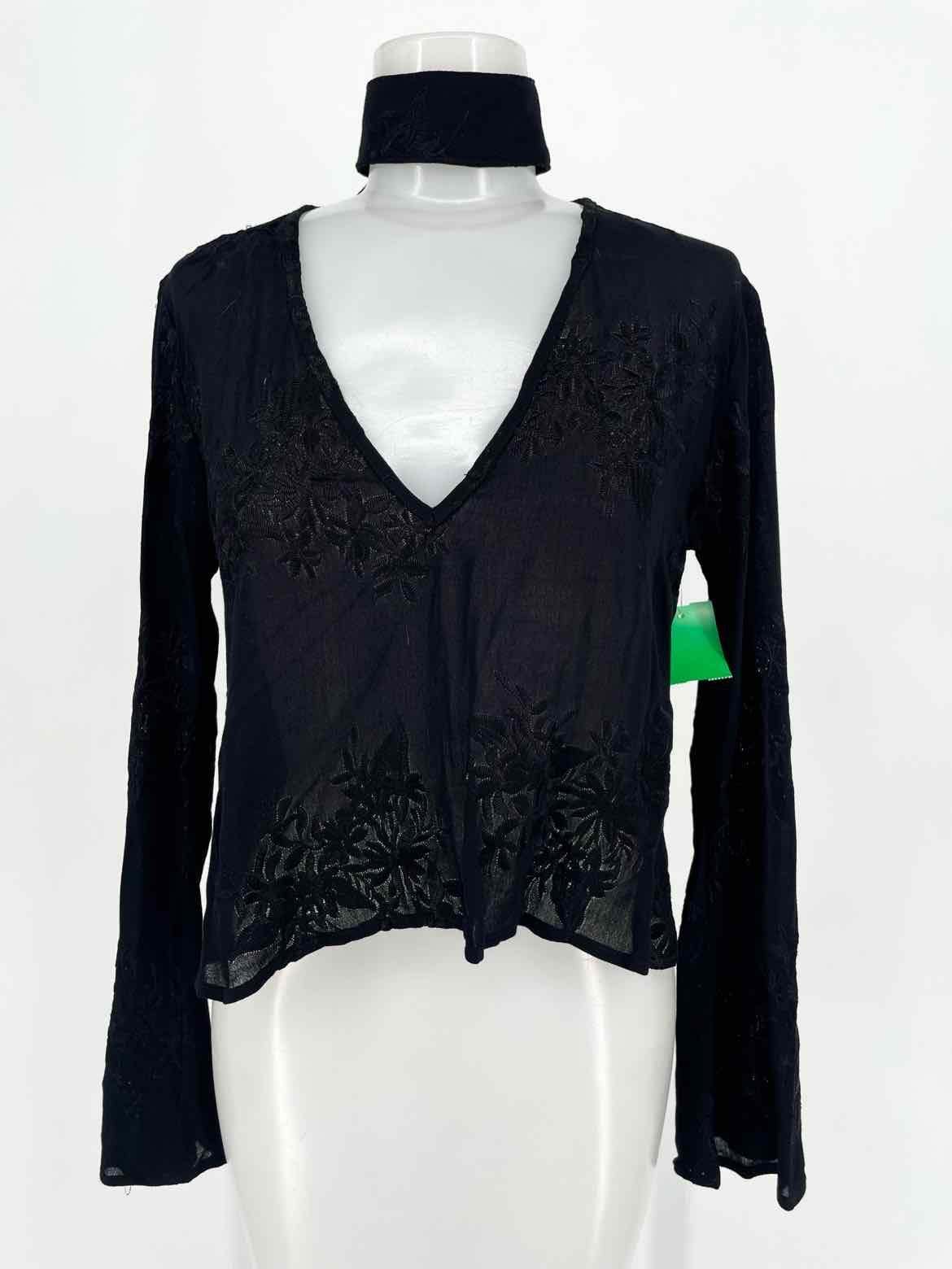 Flynn Skye Women's Black Cut-Out Embroidered Crop Size XS Long Sleeve - Article Consignment