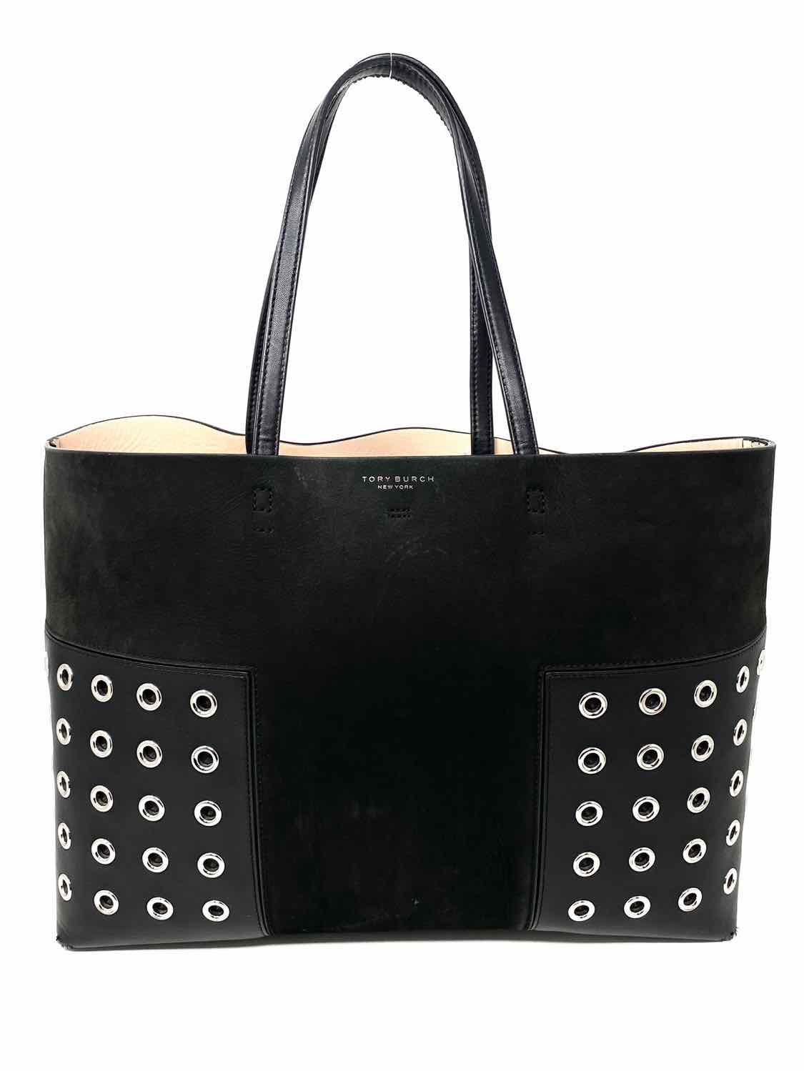 Tory Burch Block-T Grommet Draw-String Black Rivets Tote