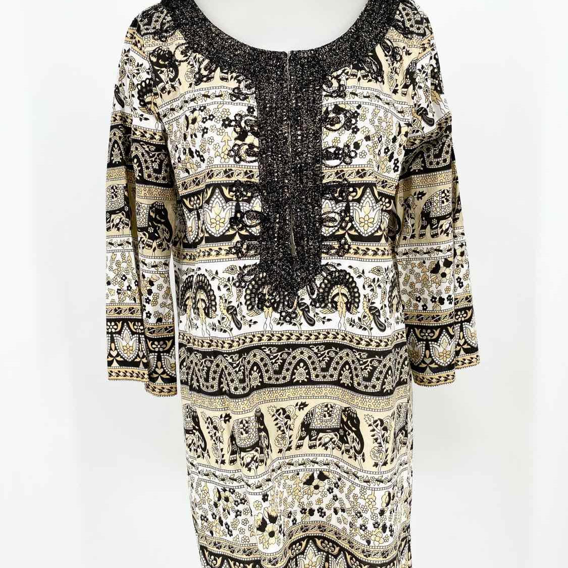 CALYPSO Women's Black/Beige tunic Multi-pattern Resort Long Sleeve - Article Consignment
