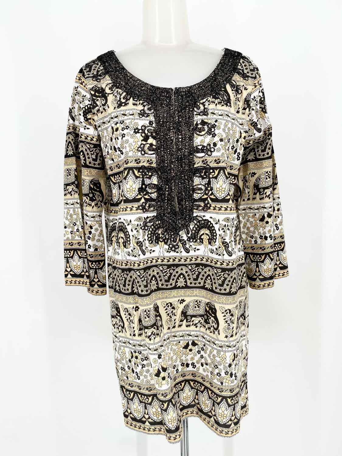 CALYPSO Women's Black/Beige tunic Multi-pattern Resort Long Sleeve - Article Consignment