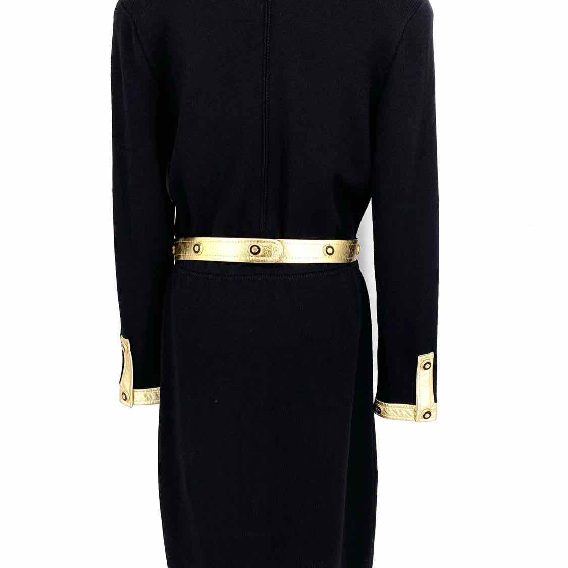 ST. JOHN Women's Black/Gold Size 10 Long Sleeve Belted Dress